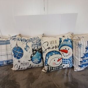 Holiday Decorative Pillow Set with Blue and White Snowman and Ornament Designs